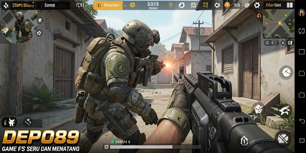Screenshot DEPO89 menunjukkan pemain beraksi dalam pertempuran FPS yang intens.