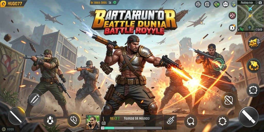 Screenshot HUGO77 yang menunjukkan gameplay Battle Royale yang seru.