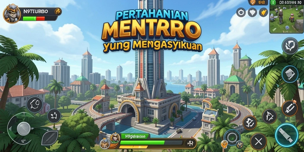 Screenshot N9TURBO menampilkan menara dan musuh dalam pertempuran Tower Defense yang epik.