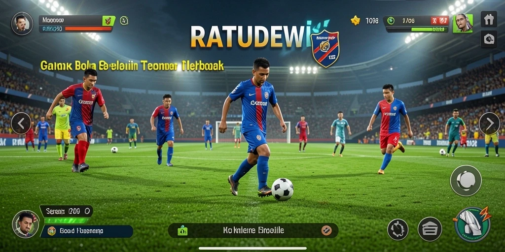 Screenshot menunjukkan aksi seru permainan sepak bola di RATUDEWI.