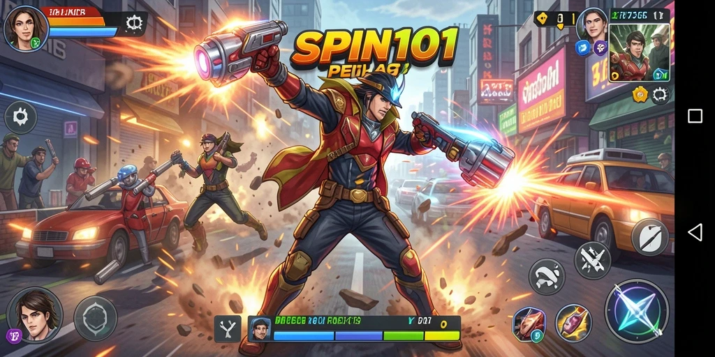 Tampilan gameplay seru dan penuh aksi dari SPIN101.