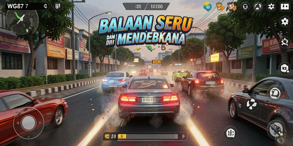Tampilan gameplay WG87 menampilkan balapan penuh aksi di jalan raya.